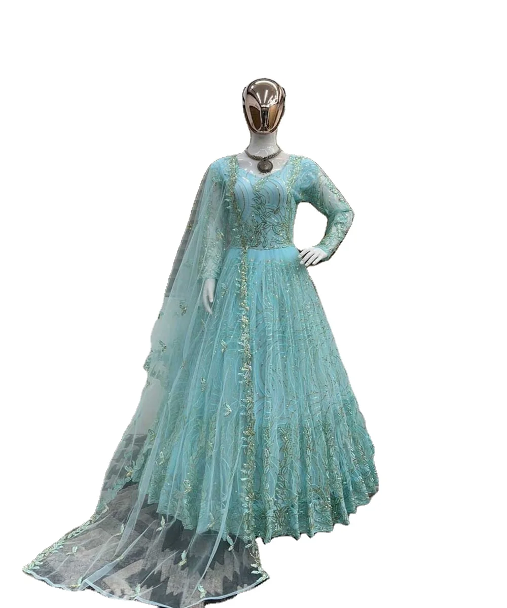 Fashionable georgette with net embroidery sequence coding work gown bottom with dupatta wholesale price ethnic garment