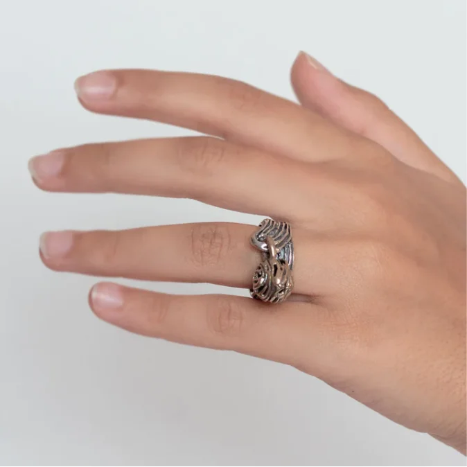 Fine beautiful handmade jewellery woman 925 silver wedding ring with bronze sphere charm