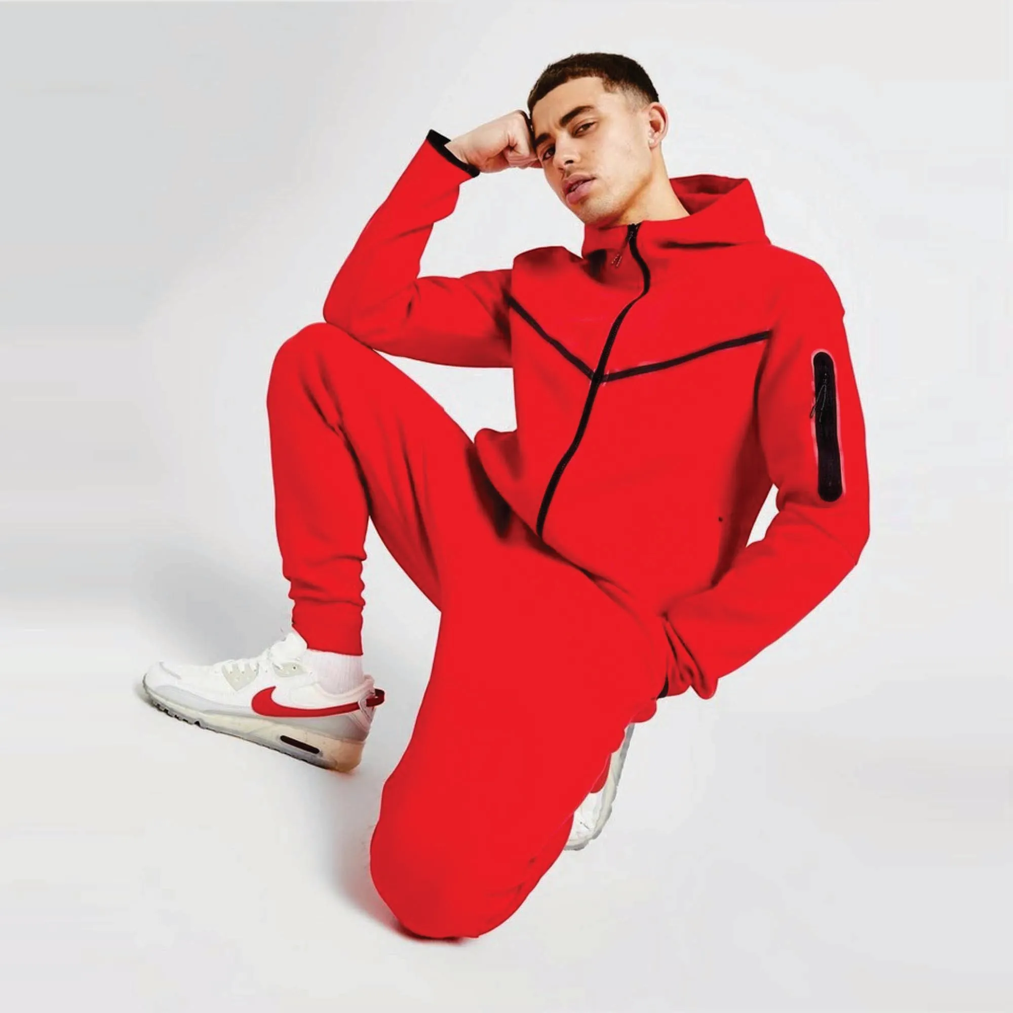 OEM Design 69% Cotton 31% Polyester Red Men Tech Fleece Tracksuit Full Zip Hoodie Joggers Sweatpants Sweatsuit