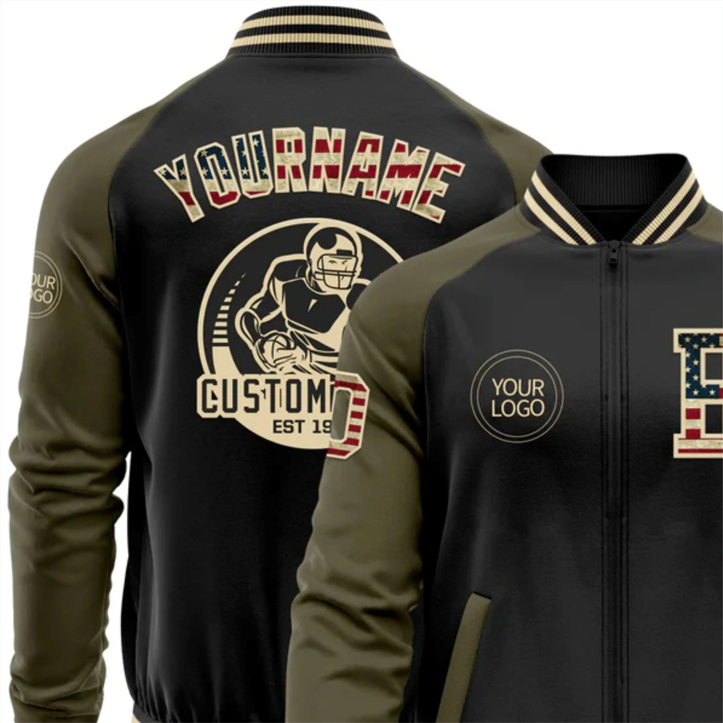 OEM Custom Manufacturing Whole Black Vintage USA Flag Olive-Cream Bomber Varsity Letterman Two Tone Zipper Jacket