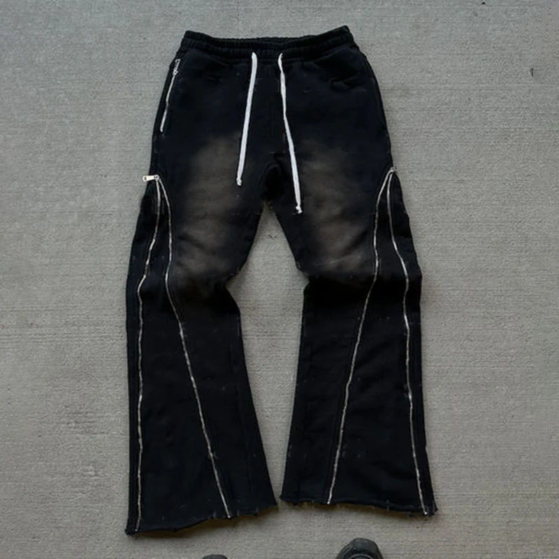 Custom Made 2025 Sun Fade Flared Sweat Pants Men Zip up Blank Heavy Cut and Sew Baggy Acid Washed Sweatpants for Men