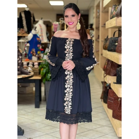 2022 Luxury Hand Embroidered Short Sleeve Fancy Mini Party Wear Women Tunic Fashion Off Shoulder Black Casual Dress