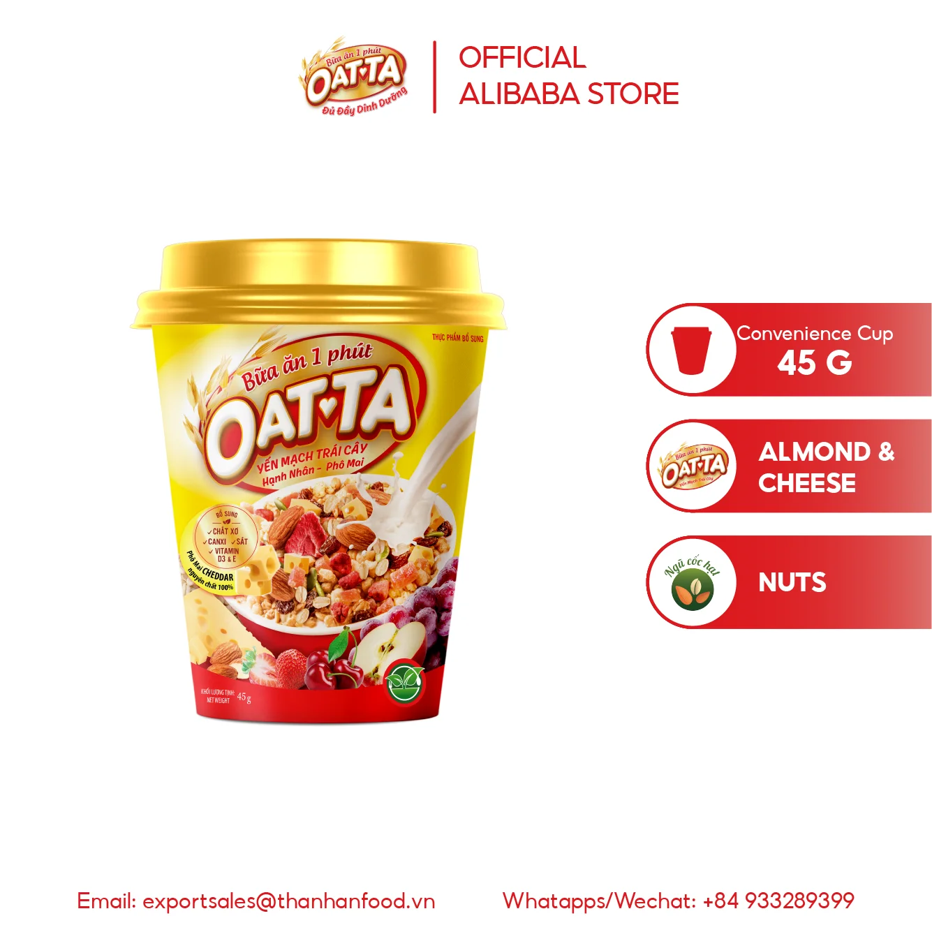 Breakfast Cereal OATTA Granola with Almond and Cheese  Cup 45G Instant Healthy Fresh Nutritious Style from Vietnam
