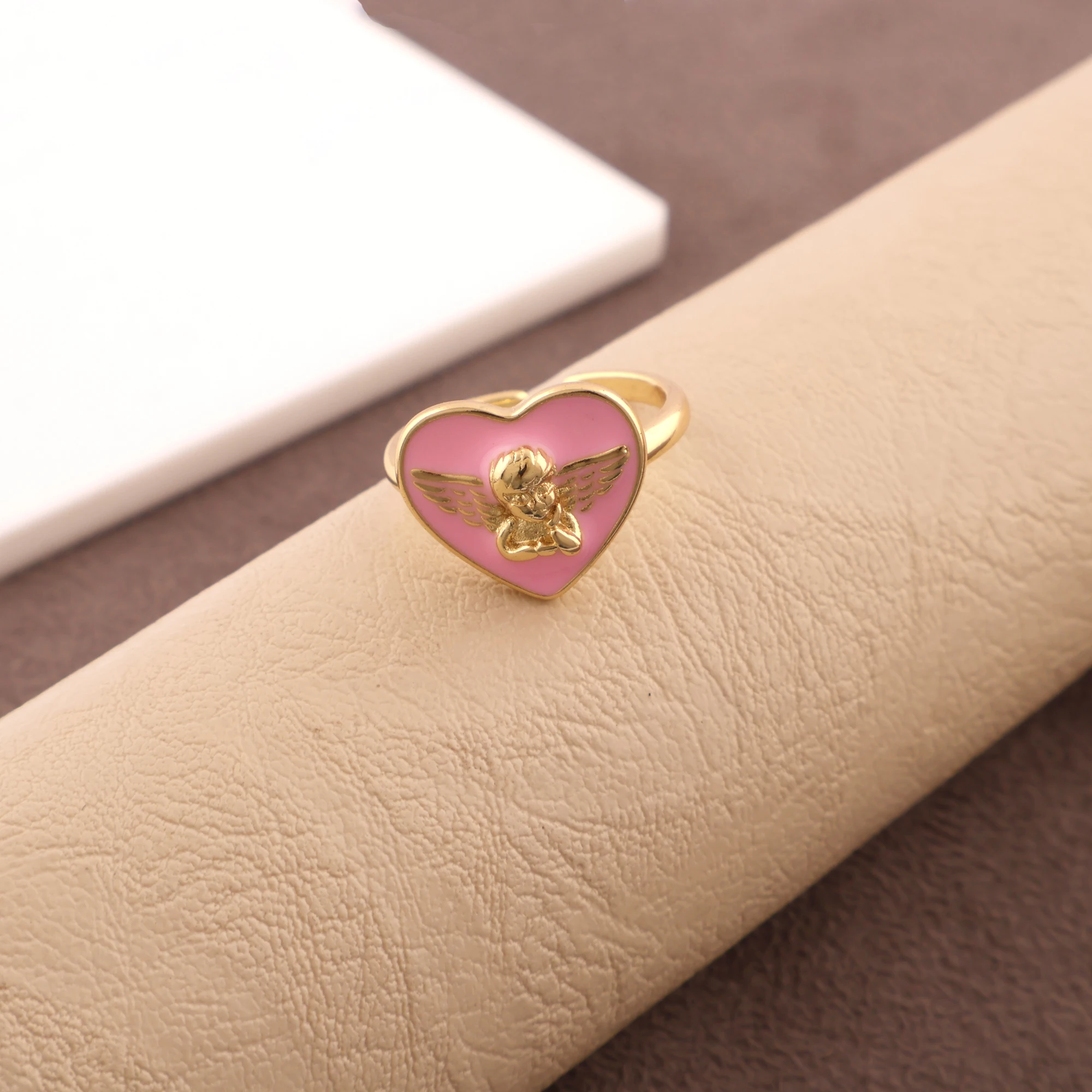 Creative fashion jewelry lost lady colorful enamel love heart angel stacking ring brass 18k gold plated geometric finger rings