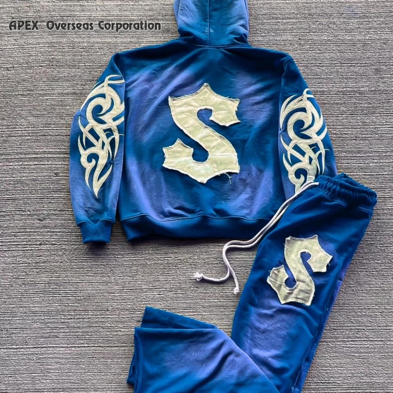 Distressed Embroidery Patch Sweatsuit Streetwear Sweatpants And Hoodie Set Sun Faded Stone Acid Washed Men Tracksuit