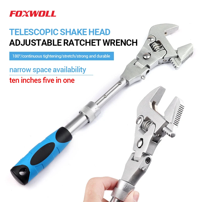 Multifunctional 5-in-1 10 Inch Retractable Adjustable Wrench Spanner Folding Head Moving Head Ratchet Wrench