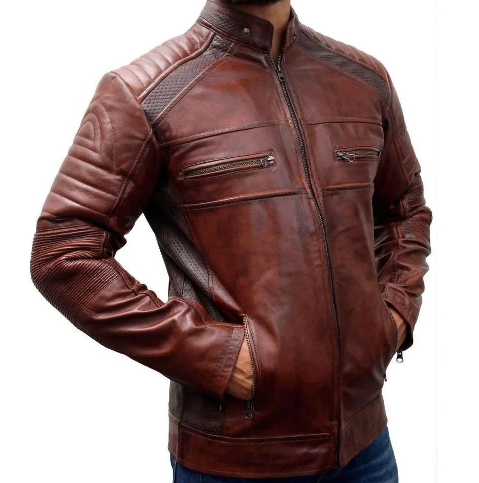 OEM Custom Stand collar distressed leather jacket/Waxed sheep leather vintage jacket/Fitted mens holes leather jacket brown
