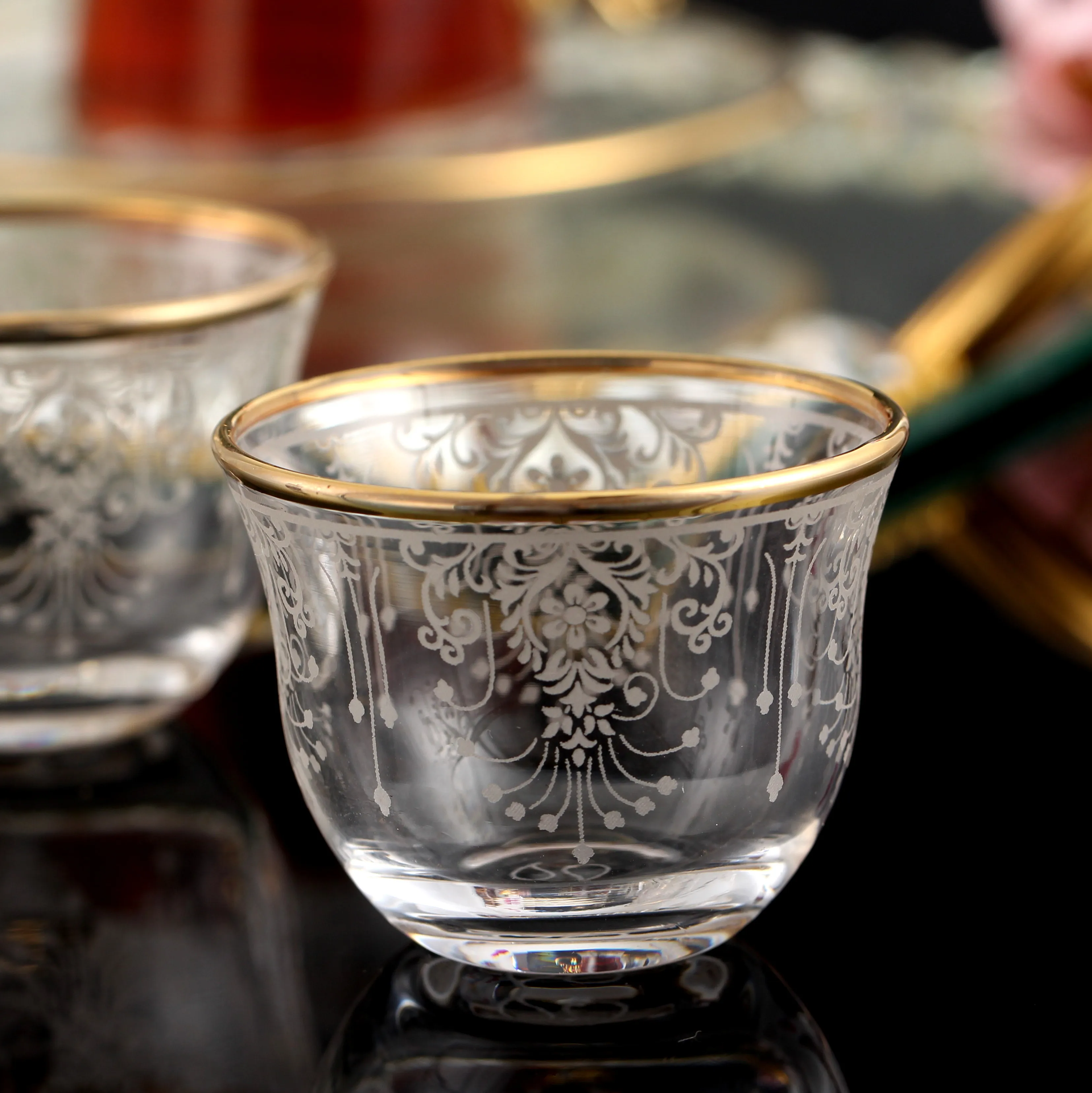 18 Pcs Turkish Tea and Arabic Coffee Set Screen Printed 24 ct. Gold rim April Design