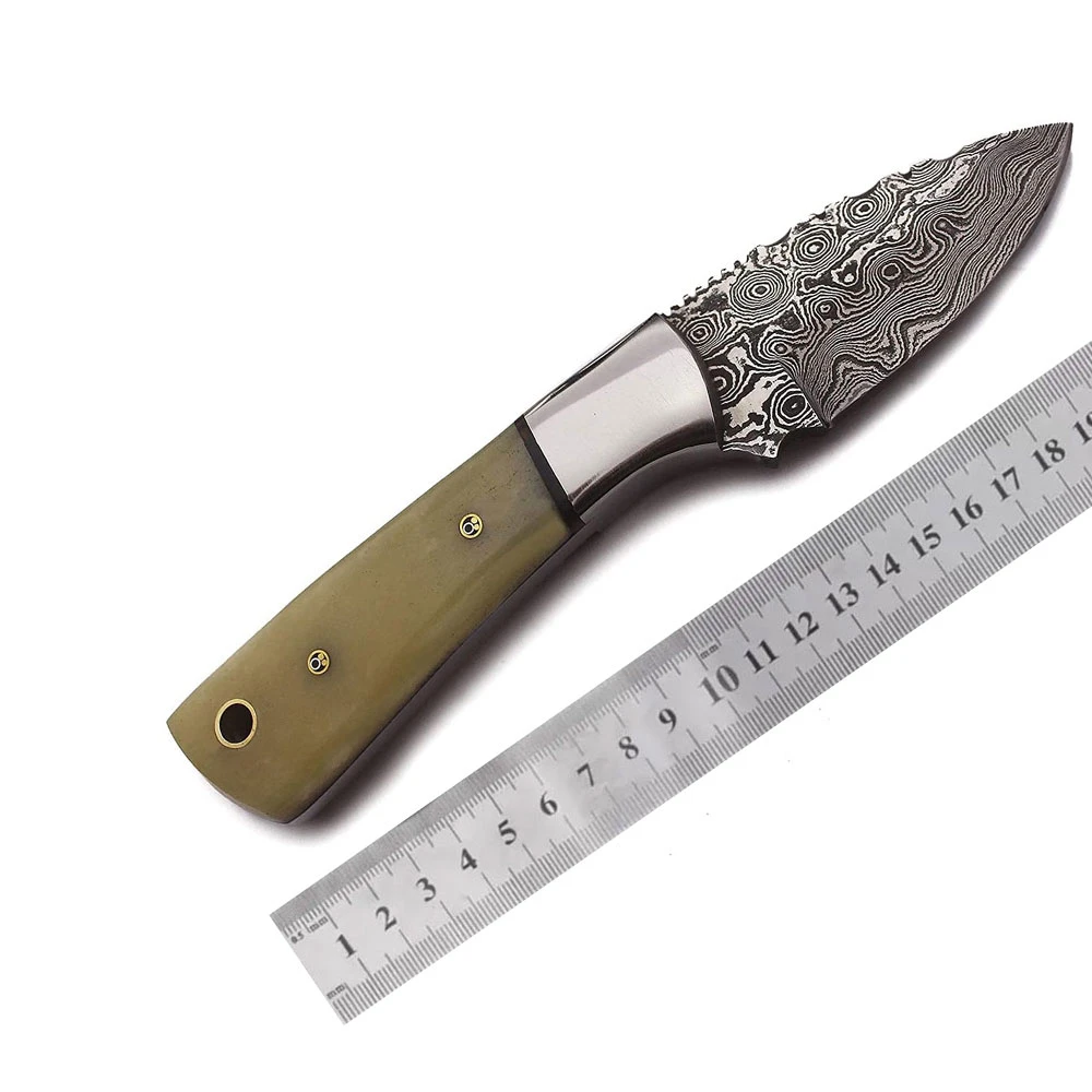 Wholesale 2024 Custom Size Wooden Handle Damascus Steel Skinner Knife Fixed Blade Camping Skinner Knife With Leather Cover