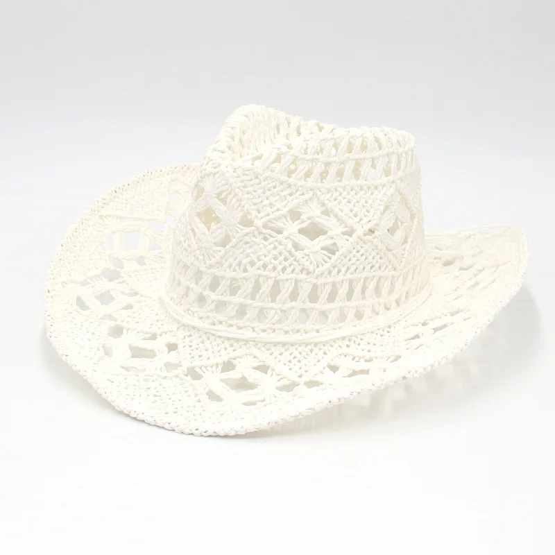 Unisex American Style Cowboy Hat Spring Summer Hand-Woven Straw Jazz Hat Hollow Design Breathable Cool Fishing Outdoor