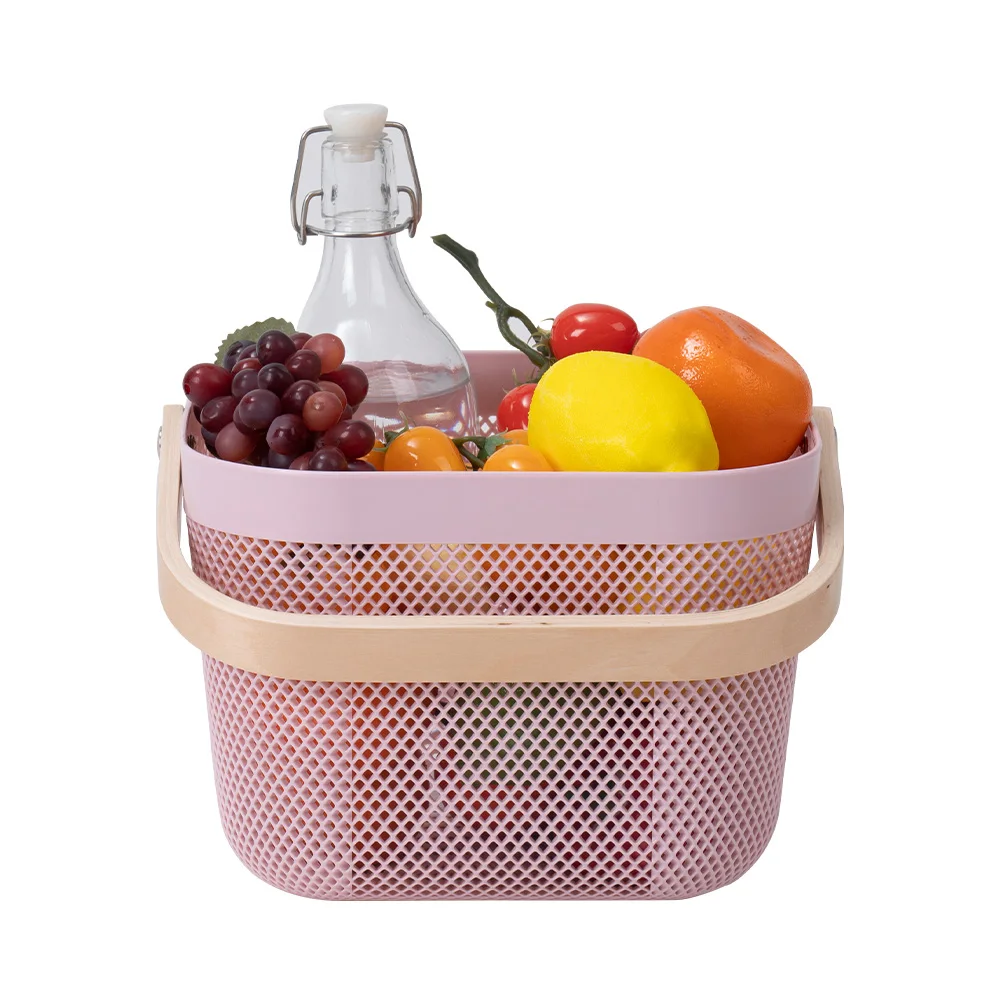 Small Pink Plastic Storage Basket with Wooden Handle for Picnic Fruit Food Storage