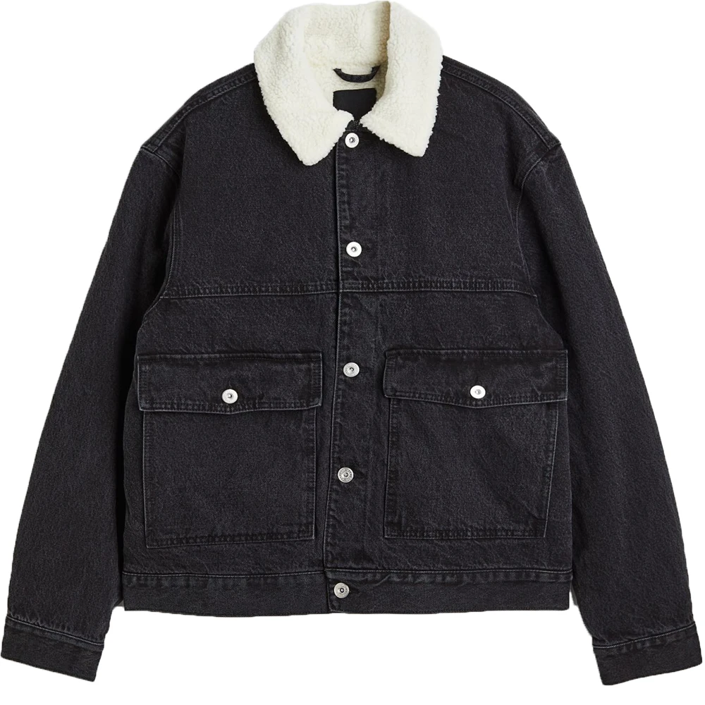 Lined Borg Collar Denim Jacket High Quality Black Cotton Jackets Customized Logo Long Sleeve Plus Size Coats for Man OEM