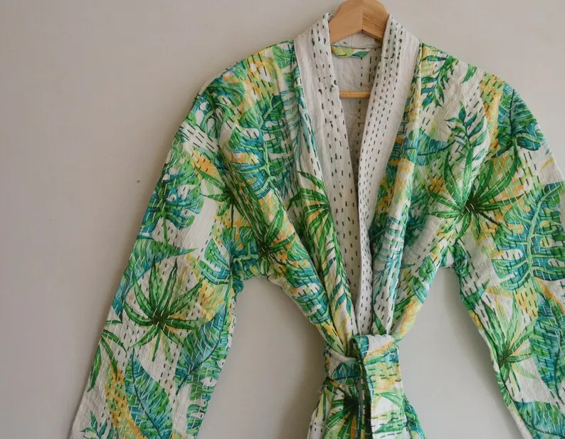 Vintage Patch Work Design Green Leaf Print Hand Embroidered Maxi Gown Dress Kimono Style Kantha Sleepwear at Wholesale Price OEM