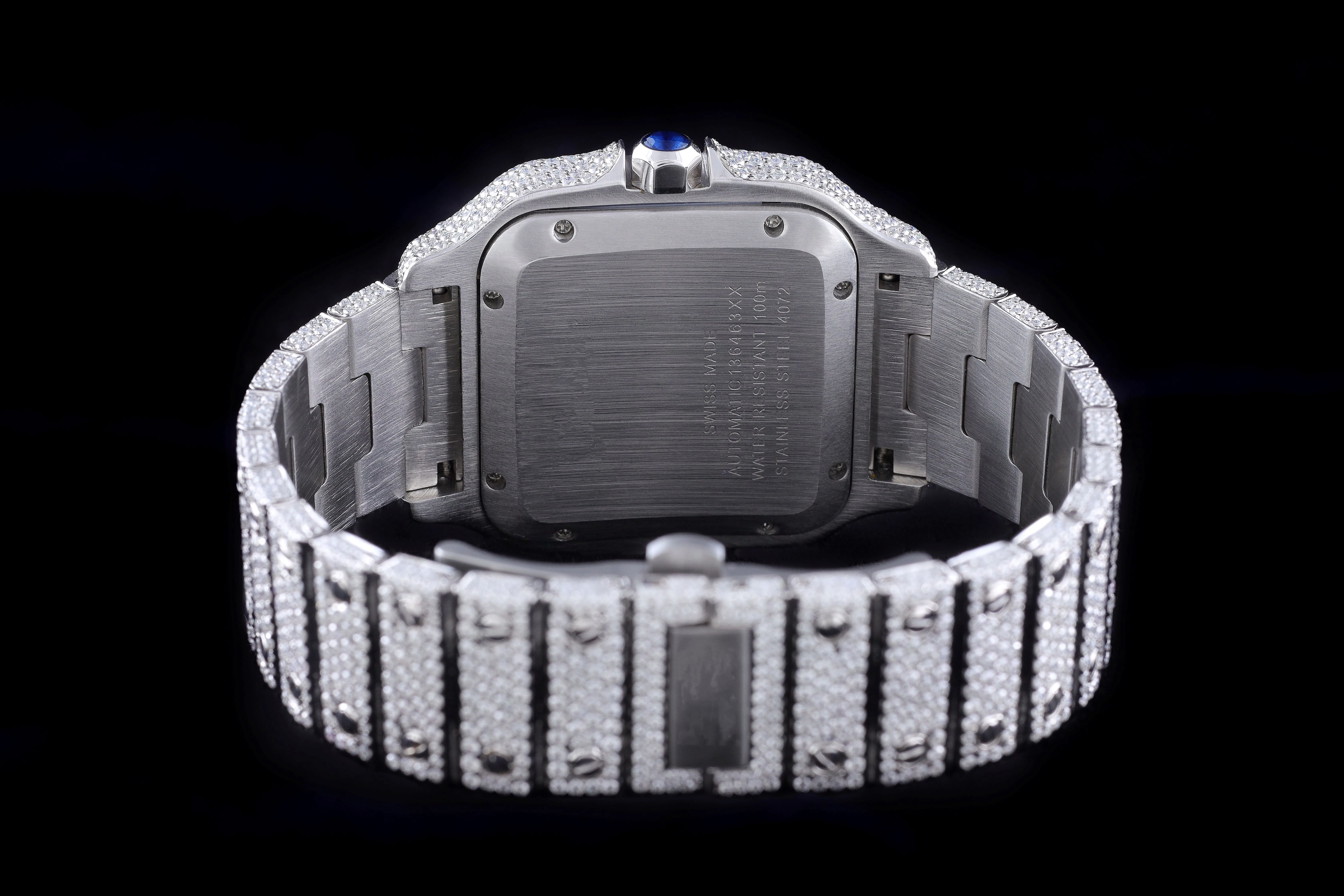 Stainless Steel Moissanite Studded Diamond Watch VVS Clarity Black Dial Analog Quartz Watches for Sale from India