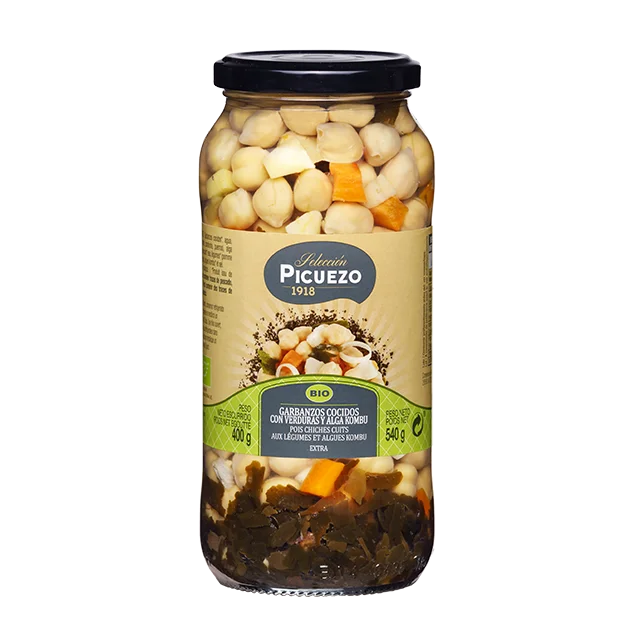 Extra Spanish Quality Pulses Ready to eat Organic Cooked Chickpeas with Vegetables and Kombu algae in jar for Retail and Horeca