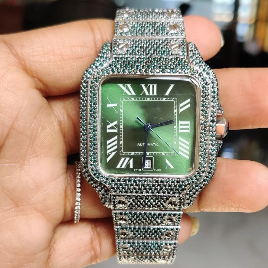 Green Dial Premium Quality Green Diamond Bust Down Watch for Men/ Tester Passed Diamond Watch Luxury Custom Watch