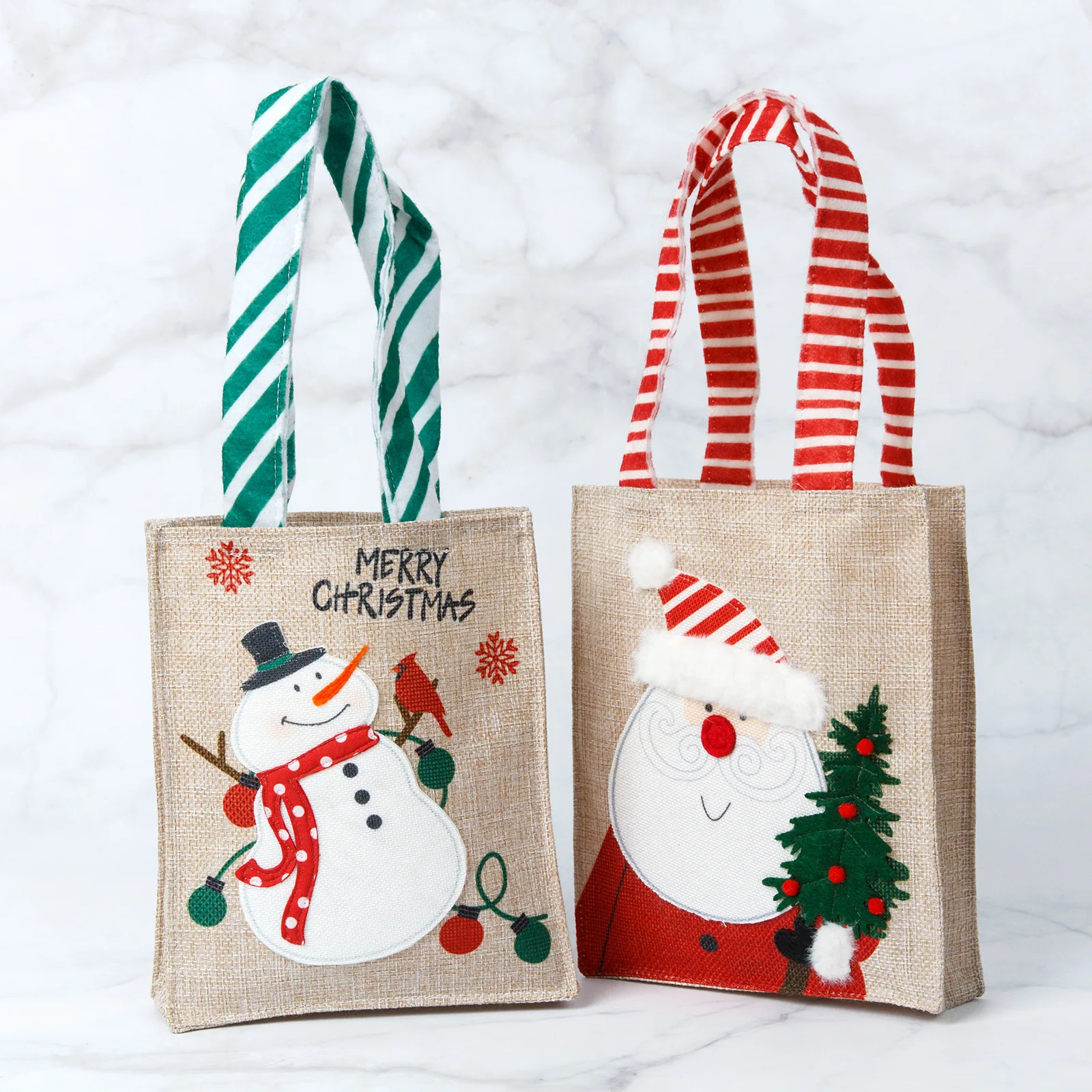 Christmas Burlap Gift Tote Bag Santa Presents Bags Small Christmas Snowman Shopping Gift Goody Jute Bags