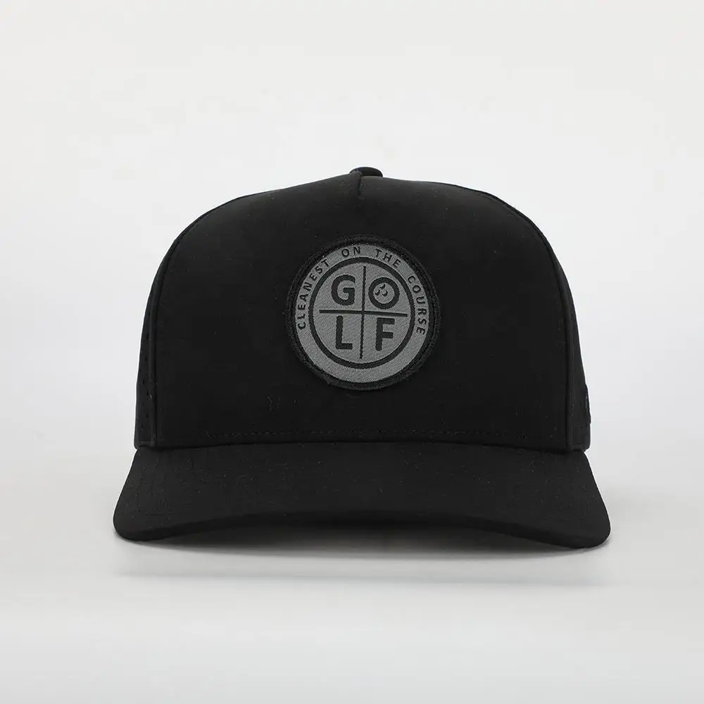 5 Panel Adjustable Waterproof Golf Cap Custom Pu Leather Logo Patch Laser Cut Hole Sun Protection Mesh