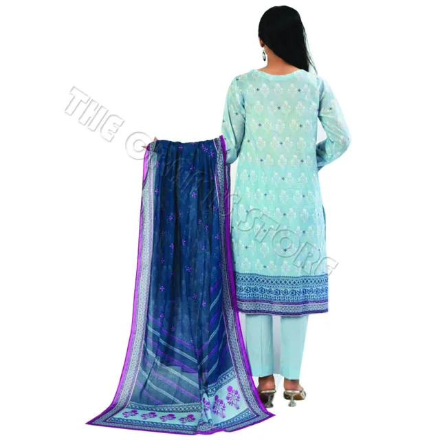 Original Branded Pakistani Lawn 3 Piece Suits With Gold Table Printed With Lace Work Embroider