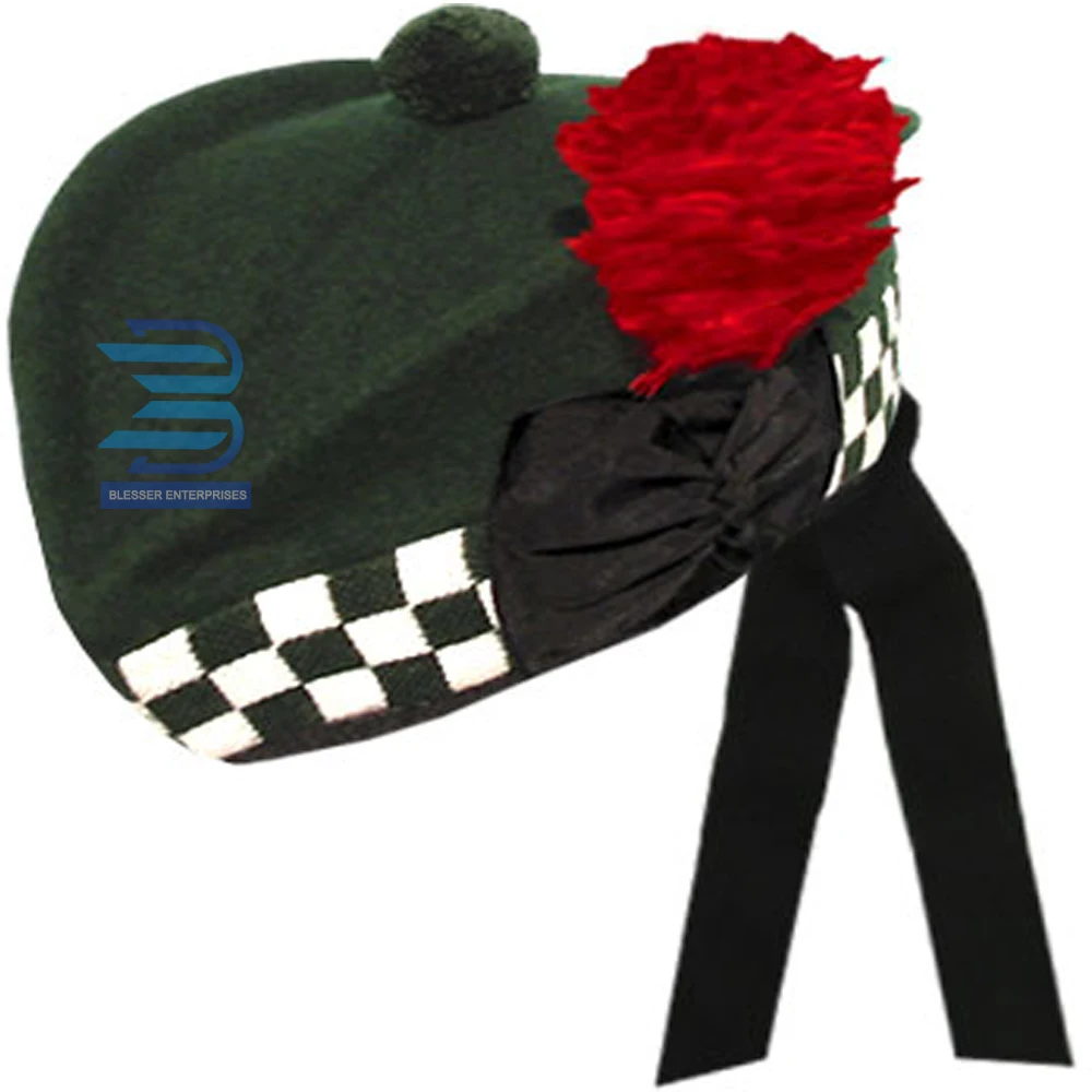 Highland Black Glengarry Hat Scottish Kilt Hat with White Dice traditional Comfortable PAKISTAN Scottish Hat