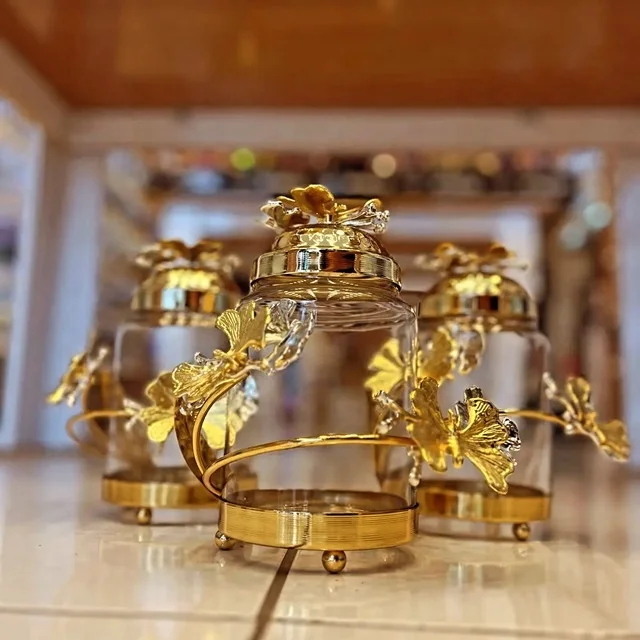 New good collection luxury decorative hammered glass gold foil design fancy tin box set chocolate candy and cookies storage jar