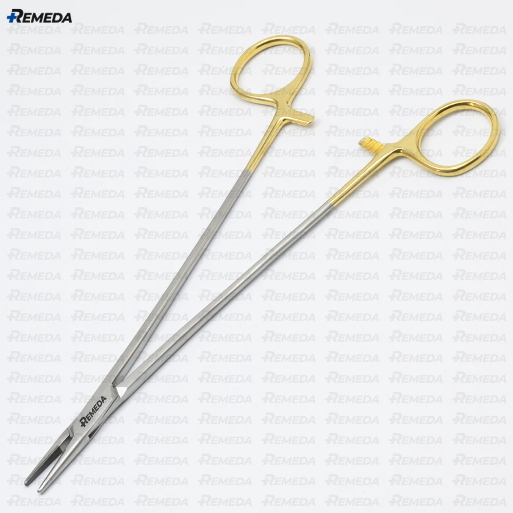 REMEDA DeBakey Needle Holder with Tungsten Carbide Insert and Golden/Ratcheted Handle Stainless Steel Material