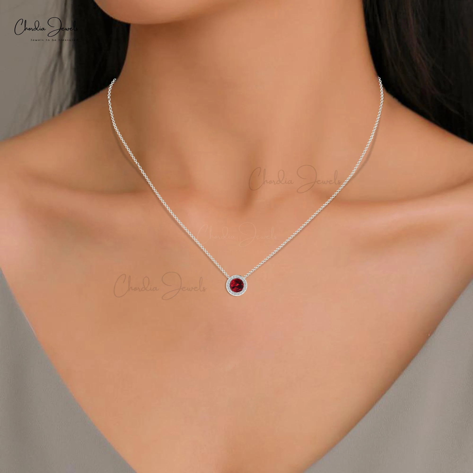 Trendy Garnet Gemstone Necklace White Diamond Solitaire Necklace 14k Solid Gold Round Cut Gemstone Necklace Wholesale Price