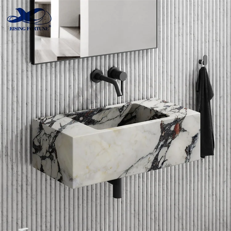 Solid Surface Calacatta Viola Marble Bath Sink Rectangular Wall Hung Basin Wall Mounted Bathroom Marble Basin