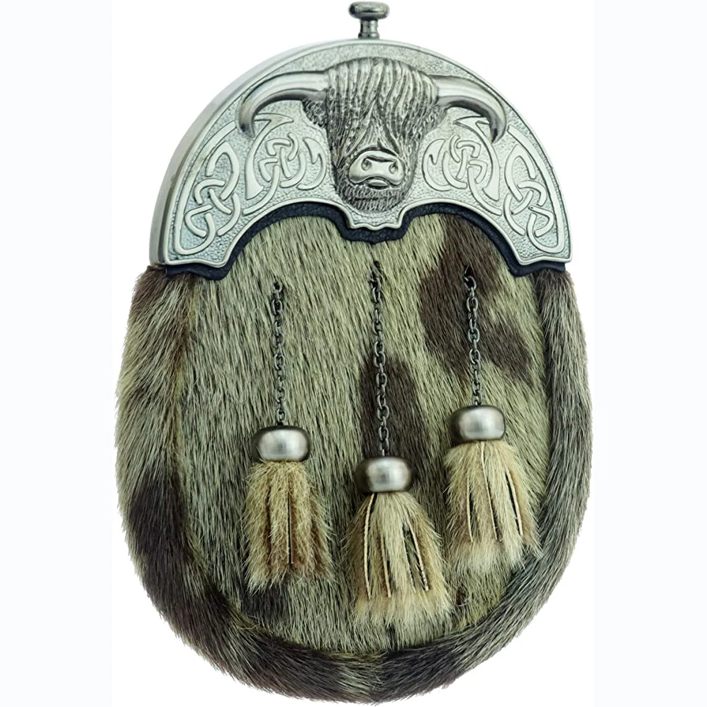 Black Genuine Leather Sporran Celtics Knot Double Embossed Scottish Kilt Sporran W-chain And Belt