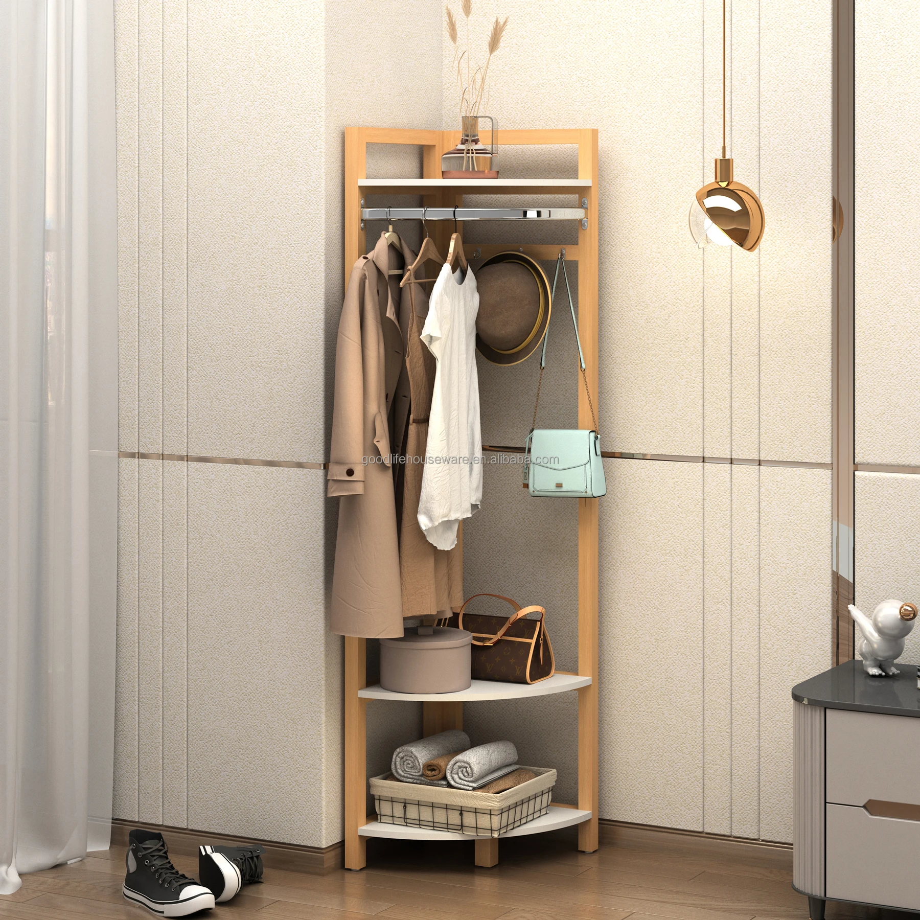 Wooden corner 4-tier shelf free standing Hanger Multifunctional Hallway Storage rack corner shelf
