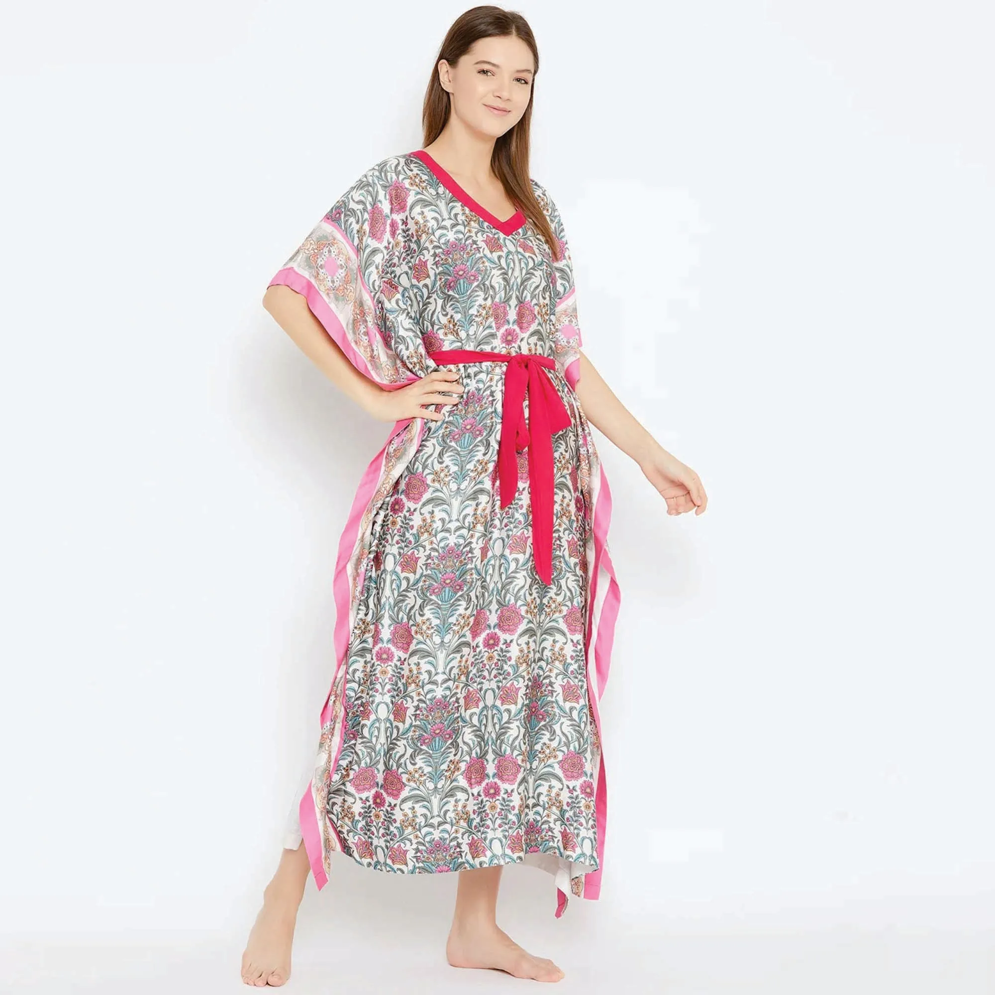 Customer Manufacture Slim Fit Polyester Crape Boat Neck Waist Tie Up Scarlet Tiger Animal Print Kaftan