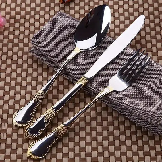 Made India Engraved Cutlery Set Silverware Silver And Gold Reusable Stainless Steel Classic Italian Flatware For Kitchen Supply