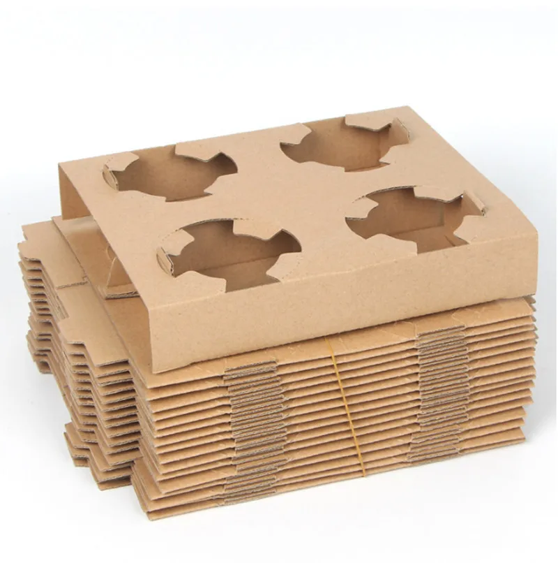 Disposable Carry Out Cup Tray Holder for Hot Cold Drinks Kraft Corrugated Coffee Cup Holder 1cup 2cup 4Cup Carriers
