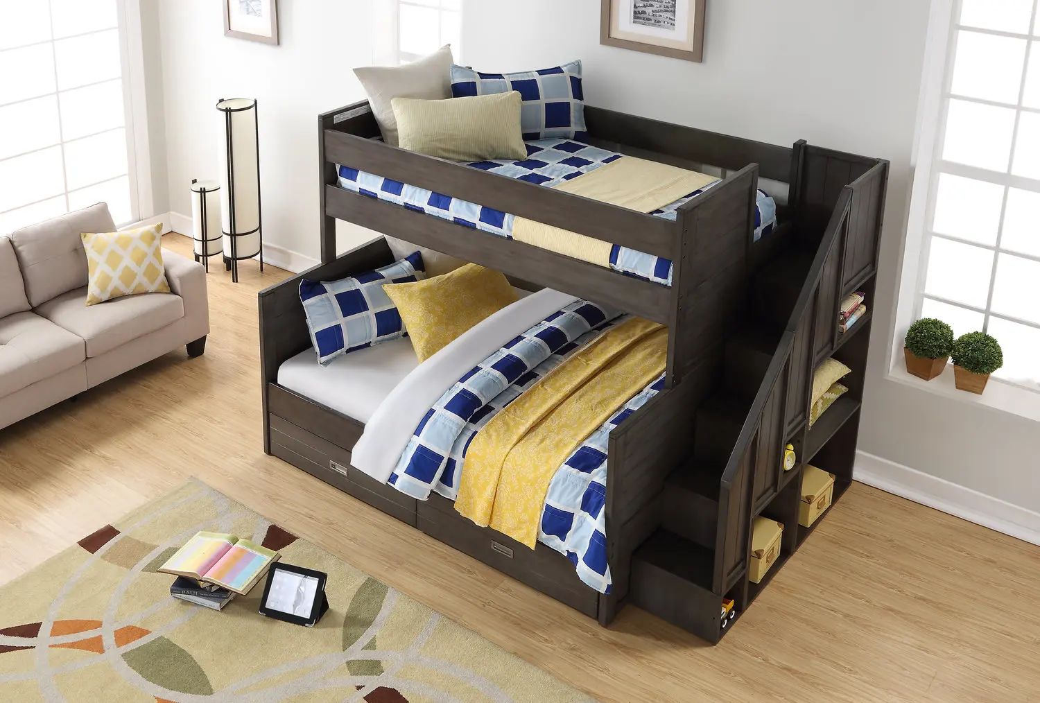 The Dylan bunk beds with stairs feature 6 open-concept bookshelves on the end and manages to retain a classic look