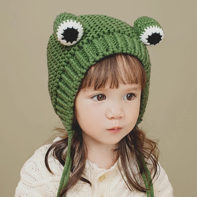 Korean Style Baby Toddler Crochet Frog Hat Small Kids Keeping Warm Earflaps Beanies Cute Animal Knitted Winter Hat
