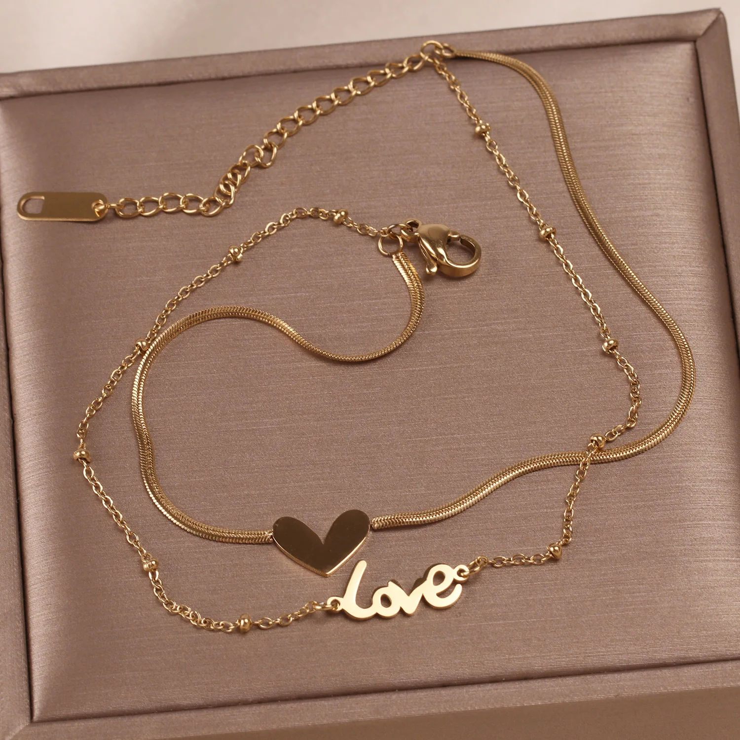 Double Layered Feet Tarnish Free Jewelry Summer Beach Anklet Heart Drop Love Letter Stainless Steel Anklet