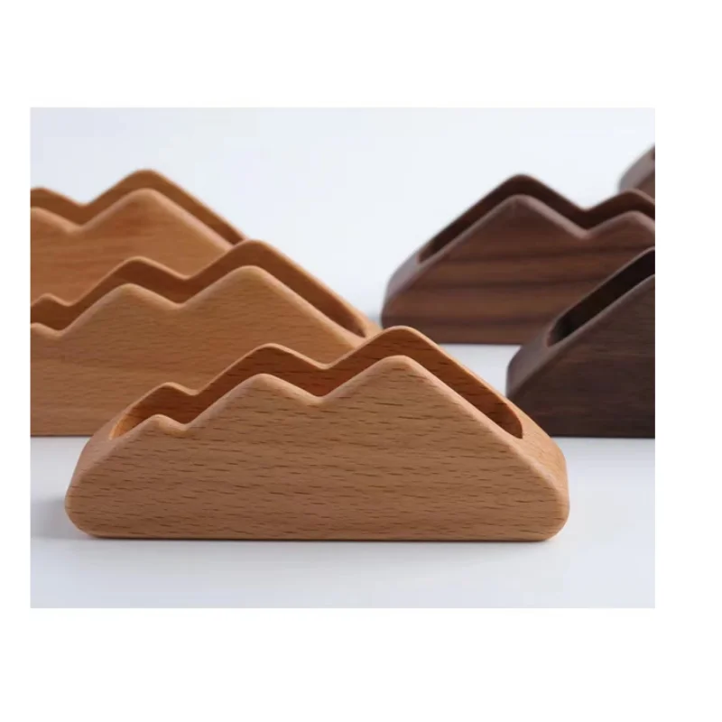 Custom Beech Wood Business Card Display Laser Cut Mountain Design Stand with Holder Case Organizer for Office Desk