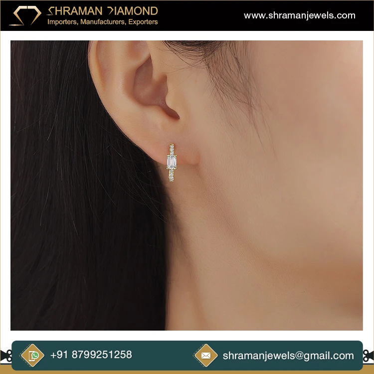 Premium Luxury Fashion Jewelry Anniversary Gift 2.15 CTS 10KT Gold Custom Emerald Cut Lab Grown Diamond Mini Hoop Earring