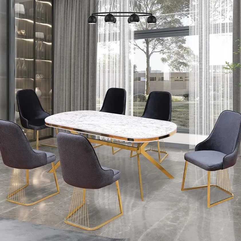 Arya Table Set MDF   6  Chair metalHome  Luxury Foldable Dining   Extension Table Adjustable  Furniture Glass Marble Wood