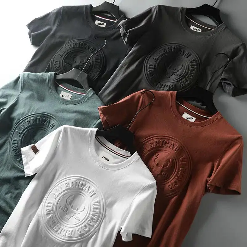 High Quality Plain Classic Round Neck T-shirts Blank Embossed Heavyweight Boxy Plus Size US Cotton Pullover Men For T-shirts