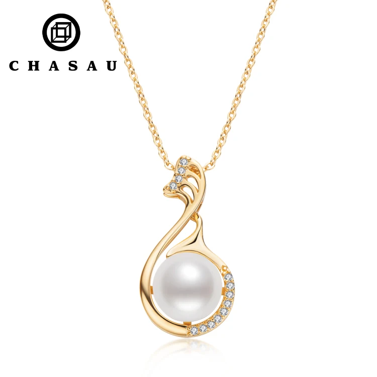14K Gold Filled alloy Natural Fresh water 10mm Freshwater Pearl Swan Pendant Necklace Jewelry for women