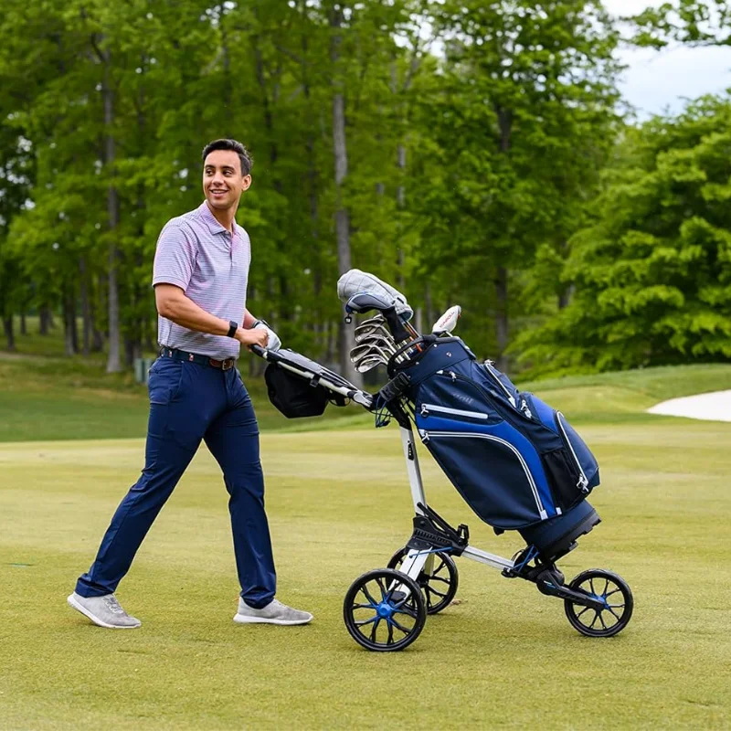 WHOLESALE 4 Wheel Golf Push Cart Lightweight Aluminum Frame, One-Click Folding, Wheels, Built-in Cooler