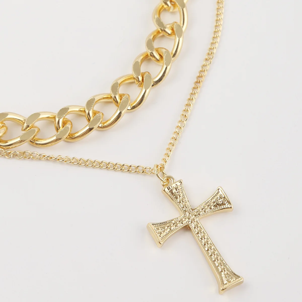 Fashion Jewelry Large Pearl Zircon Gold Plated 2 Layered Chain Cross Pendant Necklace Women