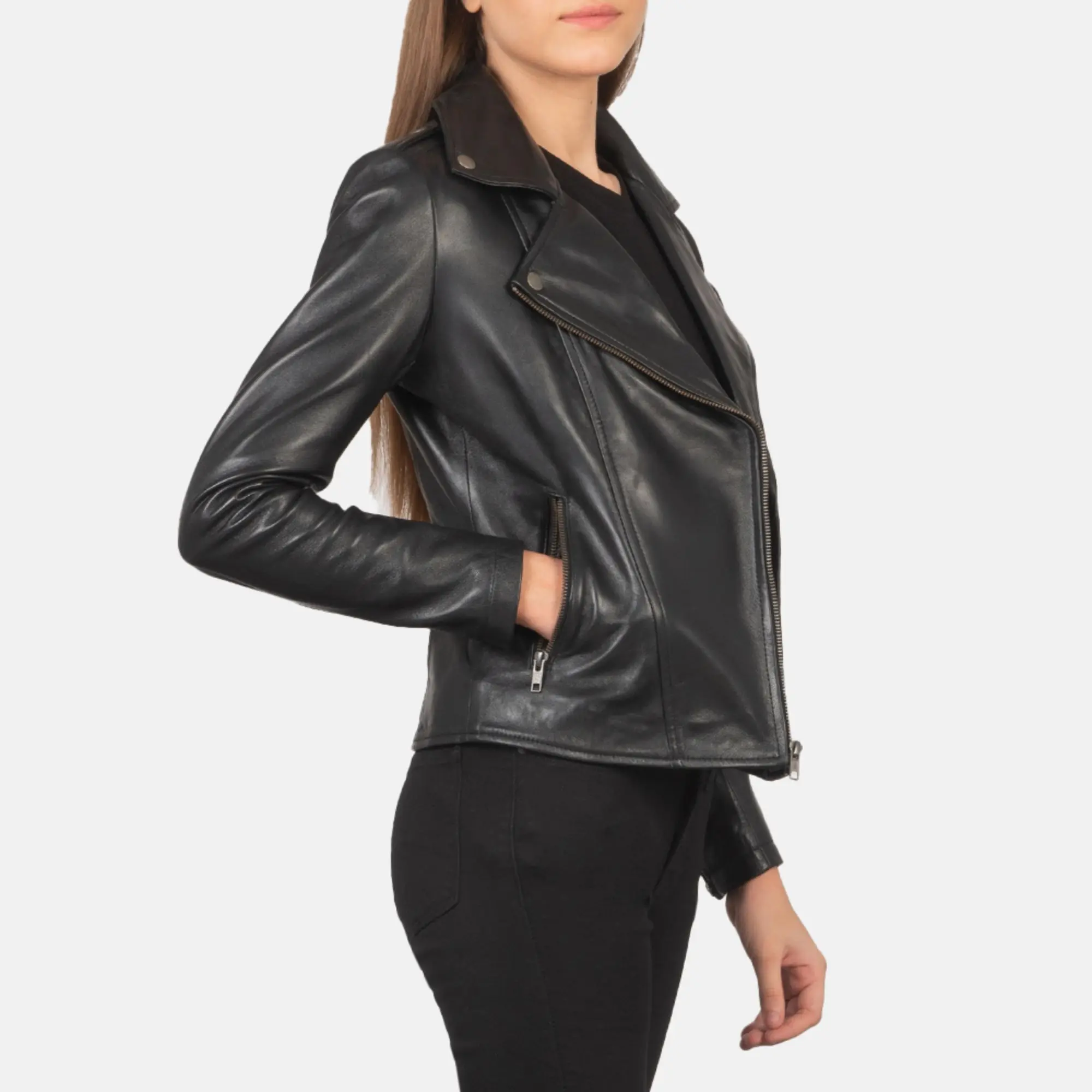 Real Leather Sheepskin Aniline Zipper Flashback Black Women Biker Jacket with Quilted Viscose Lining and Inside Outside Pockets