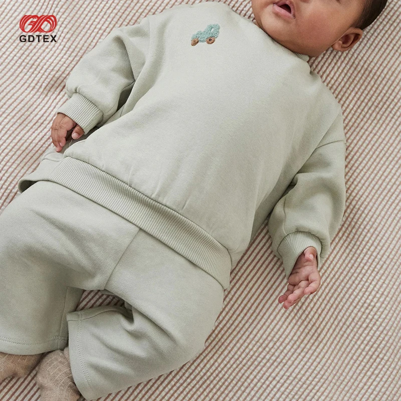 GDTEX Custom Professional OEM ODM Kid Clothes Supplier Custom Soft Cotton Embroidery Sage Green Sweatshirt Pants Baby jogger Set