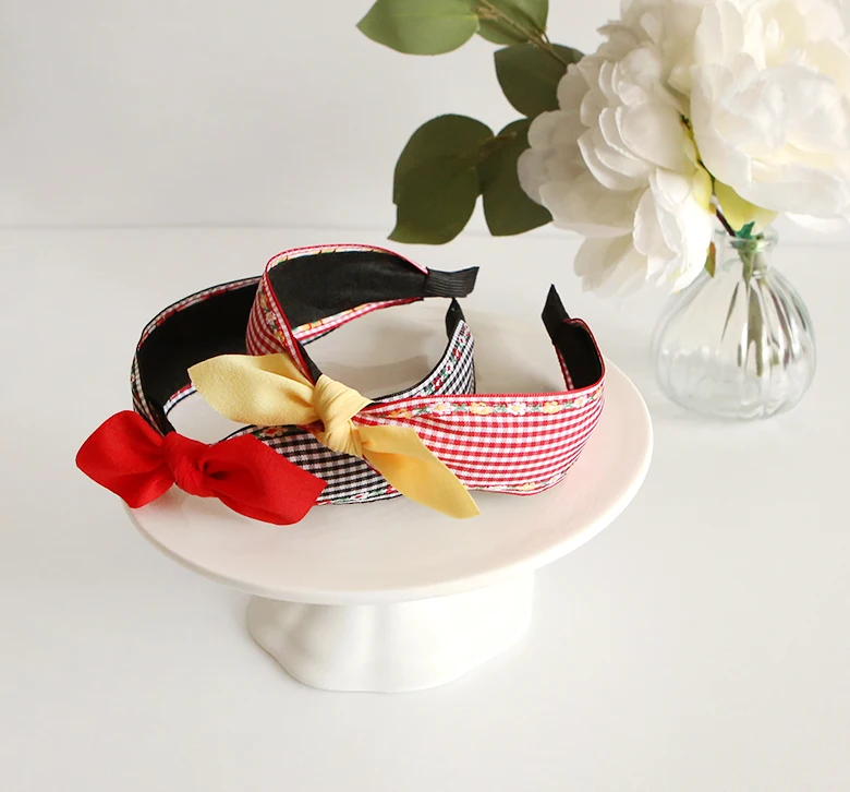 Girls Cute checkered pattern embroidered ribbon headband Korea fashion hair accessory