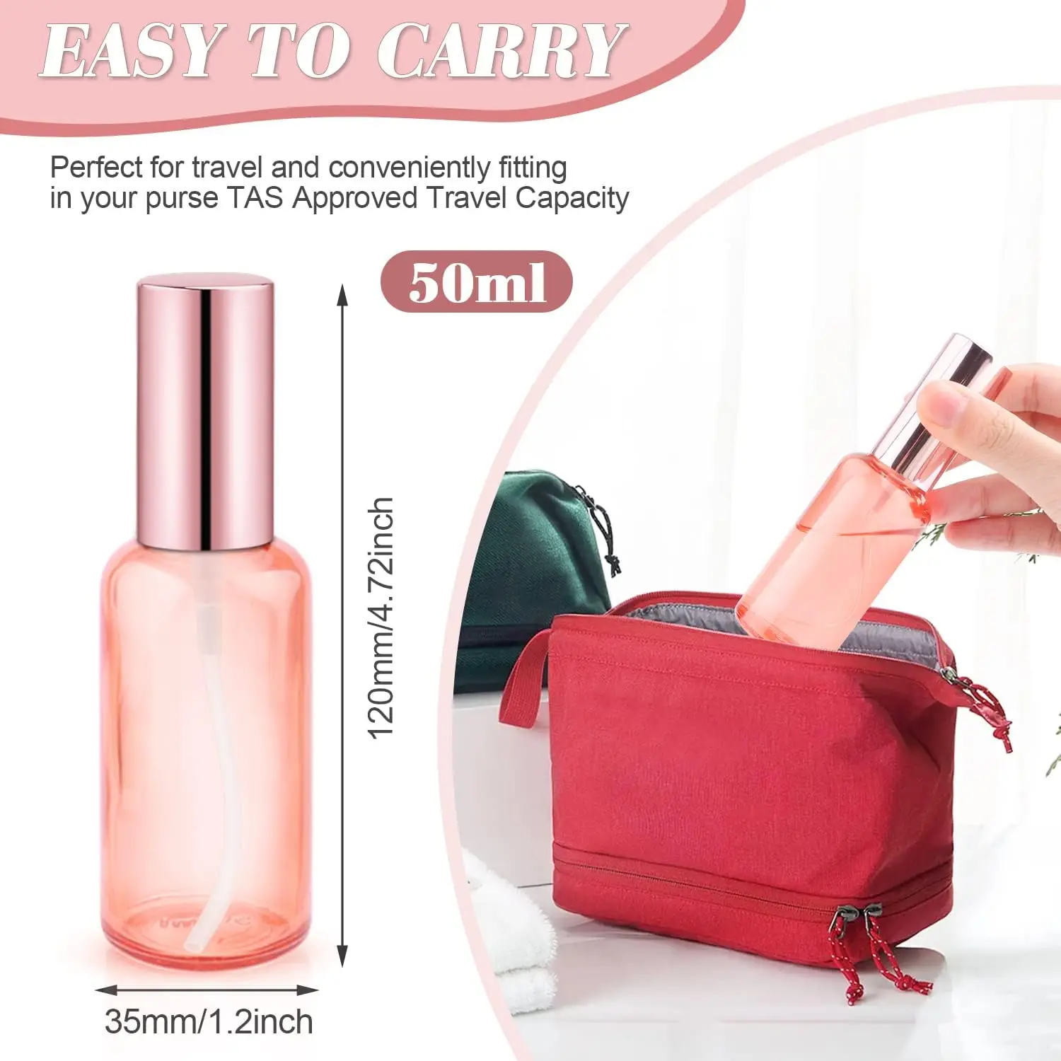 2 Oz Glass Spray Bottles Perfume Fine Mist Atomizer Rose-Golden Pump Head Liquid Holder Containers Pink Containers for Skin Care
