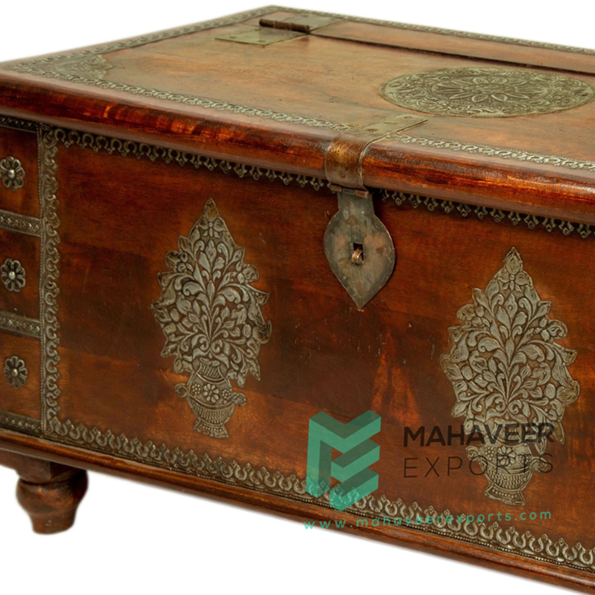 Wooden Iron Fitted Storage Chest Box Cum Coffee Table Box In Dark Brown Finish For Living Room / Bedroom Multi-Utility Furniture