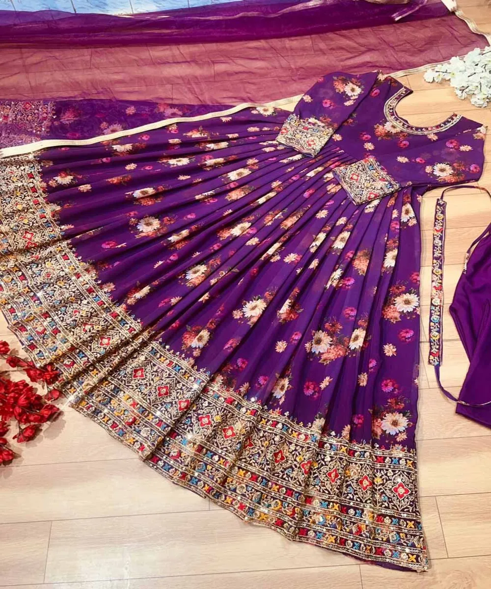 Elegant Bollywood Party Wear Silk Dress with Intricate Embroidery and Stylish Ruffle Detailing Chic Wedding Wear