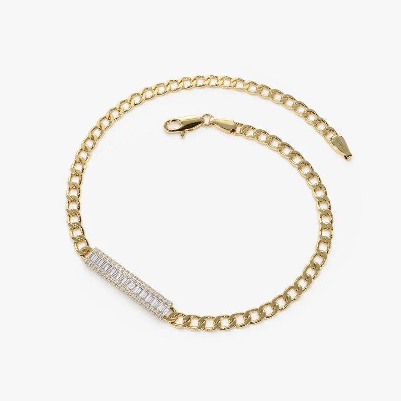 High Quality Miami Design 14k 18k 20k Yellow/White/Rose Gold Baguette Shape Horizontal Diamond Bar Curb Link Pure Gold Bracelet